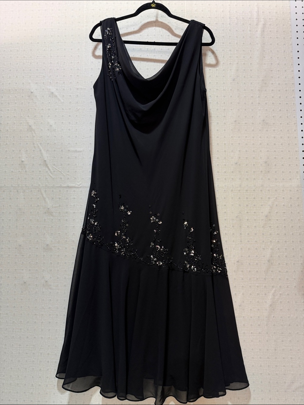 Xscape Black Beaded Cowl Neck Midi Dress